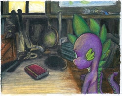 Size: 4028x3151 | Tagged: safe, artist:tillie-tmb, character:spike, book, globe, male, solo, traditional art