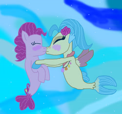 Size: 3007x2803 | Tagged: safe, artist:bigpurplemuppet99, character:pinkie pie, character:princess skystar, species:seapony (g4), ship:skypie, female, kissing, lesbian, shipping