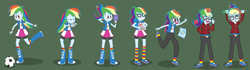 Size: 6391x1800 | Tagged: safe, artist:magerblutooth, character:rainbow dash, my little pony:equestria girls, acne, braces, chips, clothing, clothing transformation, commission, eyes closed, fanny pack, food, football, game boy, glasses, grades, high res, mental shift, messy hair, mirror, nerd, nerdification, open mouth, pants, pencil, personality change, plaid shirt, pointing, rainbow dork, sandals, show accurate, simple background, sports, sweatpants, tongue out, transformation, transformation sequence, tripping, vector, zit