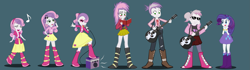 Size: 4001x1123 | Tagged: safe, artist:magerblutooth, character:rarity, character:sweetie belle, my little pony:equestria girls, adult, age progression, amplifier, belts, boots, cellphone, clothing, clothing transformation, commission, duo, ear piercing, earring, elderly, eyes closed, face paint, guitar, hairclip, high res, jacket, jewelry, leather jacket, microphone, music notes, necklace, notebook, older, older sweetie belle, open mouth, pants, pen, phone, piercing, ponytail, rocker, shirt, shoes, show accurate, simple background, singing, skirt, smiling, spiky hair, sunglasses, teenager, tongue out, transformation, transformation sequence, vector