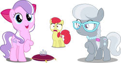Size: 4285x2233 | Tagged: safe, artist:brony-works, artist:dashiesparkle edit, artist:magerblutooth, artist:misteraibo, artist:sollace, edit, editor:slayerbvc, character:apple bloom, character:diamond tiara, character:silver spoon, species:earth pony, species:pony, accessory swap, accessory-less edit, apple bloom's bow, bow, cushion, cute, cutie mark, diamondbetes, female, filly, glasses, hair bow, jewelry, necklace, pillow, simple background, smiling, the cmc's cutie marks, tiara, transparent background, vector, vector edit, wide eyes