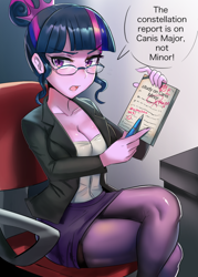 Size: 600x840 | Tagged: safe, artist:tzc, character:twilight sparkle, character:twilight sparkle (scitwi), species:eqg human, my little pony:equestria girls, art of the dress, breasts, busty twilight sparkle, canis major, canis minor, cleavage, clothing, crossed legs, dialogue, f, female, frown, glasses, hair bun, legs, open mouth, pantyhose, paper, pen, reference, short skirt, skirt, solo, speech bubble, teacher, thighs