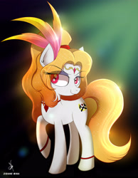 Size: 2924x3776 | Tagged: safe, artist:zidanemina, oc, oc:equalis, species:earth pony, species:pony, blonde, feather, gradient hair, obscure background, pink eyes