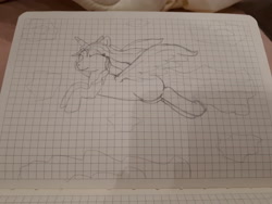 Size: 4608x3456 | Tagged: safe, artist:katya, oc, oc only, oc:sparkle light, species:alicorn, species:pony, eyes closed, female, flying, graph paper, happy, solo, traditional art