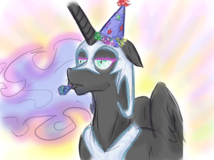 Size: 690x515 | Tagged: safe, artist:testostepone, character:nightmare moon, character:princess luna, species:alicorn, species:pony, animated, clothing, female, floppy ears, frown, gradient background, hat, lidded eyes, mouth hold, party hat, puffy cheeks, solo, unamused