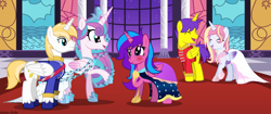 Size: 14540x6084 | Tagged: safe, artist:asika-aida, character:princess flurry heart, oc, oc:melody aurora, oc:mistral violet, oc:orion galaxy, oc:paladin knight, parent:flash sentry, parent:princess cadance, parent:shining armor, parent:twilight sparkle, parents:flashlight, parents:shiningcadance, species:alicorn, species:pony, absurd resolution, adult, alicorn oc, blushing, brother and sister, clothing, colored wings, cousins, cute, dress, eyes closed, family bonding, female, happy, male, not prince blueblood, not shipping, ocbetes, offspring, older, older flurry heart, raised hoof, royalty, siblings, signature, smiling