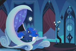 Size: 5757x3872 | Tagged: safe, artist:boneswolbach, artist:purenexus, edit, editor:slayerbvc, character:princess luna, species:alicorn, species:pony, absurd resolution, accessory-less edit, bed, bedroom, charger, charging, detachable horn, edited edit, female, looking down, luna's room, magazine, mare, missing accessory, modular, prone, reading, solo, wat