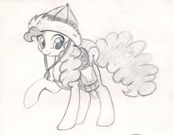 Size: 900x706 | Tagged: safe, artist:maytee, character:pinkie pie, species:earth pony, species:pony, episode:the lost treasure of griffonstone, g4, my little pony: friendship is magic, clothing, female, grayscale, hat, monochrome, pencil drawing, raised hoof, saddle bag, simple background, smiling, solo, traditional art, white background