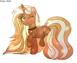 Size: 984x812 | Tagged: safe, artist:asika-aida, oc, oc only, oc:choco night, species:pony, species:unicorn, blush sticker, blushing, contest prize, cute, female, gray background, horn ring, jewelry, looking at you, mare, necklace, one eye closed, open mouth, prize, signature, simple background, solo, wink