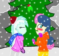 Size: 1300x1231 | Tagged: safe, artist:bigpurplemuppet99, character:bon bon, character:lyra heartstrings, character:sweetie drops, ship:lyrabon, my little pony:equestria girls, blushing, christmas, female, holiday, holly, holly mistaken for mistletoe, lesbian, shipping