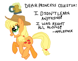 Size: 770x600 | Tagged: safe, artist:nightshadowmlp, character:applejack, species:pony, episode:the super speedy cider squeezy 6000, g4, my little pony: friendship is magic, applejack's hat, cider, clothing, cowboy hat, dear princess celestia, froth, hat, i didn't learn anything, ms paint, running, scene interpretation, silly, silly pony, simple background, smiling, stetson, tankard, text, white background