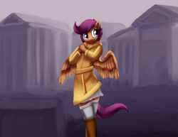 Size: 1280x989 | Tagged: safe, artist:warskunk, character:scootaloo, species:anthro, species:pegasus, species:pony, boots, clothing, coat, female, hoodie, miniskirt, shoes, skirt, skirtaloo, socks, solo, thigh highs
