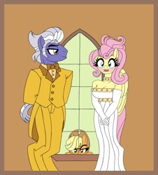Size: 2704x2993 | Tagged: safe, artist:supra80, character:applejack, character:fluttershy, character:gladmane, species:anthro, species:unguligrade anthro, episode:viva las pegasus, g4, my little pony: friendship is magic, :i, applejack judges on the outside, blushing, breasts, busty fluttershy, clothing, dress, ear piercing, earring, female, jewelry, lipstick, male, messy hair, photoshop, piercing, tuxedo, unconvinced applejack, we bought two cakes, wedding dress, window