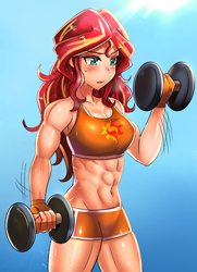 Size: 600x829 | Tagged: safe, artist:tzc, character:sunset shimmer, species:human, my little pony:equestria girls, abs, breasts, clothing, commission, crepuscular rays, dumbbell (object), female, fingerless gloves, gloves, humanized, muscles, solo, sports bra, sports shorts, sun, sunset lifter, sweat, weight lifting, weights, workout