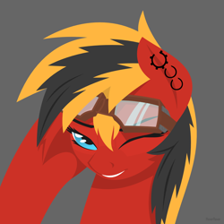 Size: 1280x1280 | Tagged: safe, artist:hoverrover, oc, oc only, oc:twotail, species:earth pony, species:pony, bust, ear piercing, earring, female, goggles, gray background, grin, hooves, jewelry, lineless, mare, one eye closed, piercing, portrait, simple background, smiling, solo