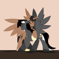 Size: 1280x1280 | Tagged: safe, artist:hoverrover, oc, oc only, oc:chief kiviuq, oc:mixy, species:alicorn, species:pegasus, species:pony, alicorn oc, cutie mark, eyes closed, hooves, horn, hug, lineless, male, spread wings, stallion, wings