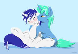 Size: 1280x900 | Tagged: safe, artist:hoverrover, oc, oc only, oc:slappy, oc:vocalscorepony, species:pony, species:unicorn, blushing, cutie mark, ear fluff, eyes closed, floppy ears, gay, hooves, horn, kissing, lineless, male, spread legs, spreading, stallion