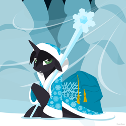 Size: 1280x1280 | Tagged: safe, artist:hoverrover, oc, oc:hoverrover, species:pony, species:unicorn, bag, clothing, ded moroz, floppy ears, grin, hooves, horn, lineless, male, sitting, smiling, snow, solo, stallion