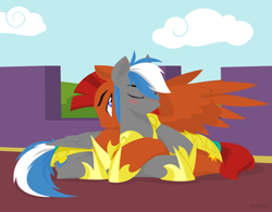 Size: 1280x1000 | Tagged: safe, artist:hoverrover, oc, oc only, oc:captain sunride, oc:cloud zapper, species:pegasus, species:pony, armor, blushing, cloud, cutie mark, ear fluff, eyes closed, gay, hooves, hug, lineless, lying down, male, prone, royal guard, shipping, smiling, spread wings, stallion, wings