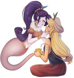 Size: 1413x1470 | Tagged: safe, artist:tcn1205, character:applejack, character:rarity, species:human, ship:rarijack, adorasexy, bare shoulders, belly button, blushing, clothing, cute, female, freckles, genie, humanized, jackabetes, lesbian, looking at each other, midriff, open mouth, raribetes, sexy, shipping, simple background, species swap, white background