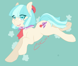 Size: 998x842 | Tagged: safe, artist:mlpfwb, character:coco pommel, species:earth pony, species:pony, blushing, female, green background, mare, open mouth, simple background, solo