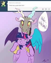 Size: 563x688 | Tagged: safe, artist:mlpfwb, character:discord, character:twilight sparkle, character:twilight sparkle (alicorn), species:alicorn, species:pony, ask, duo, female, floppy ears, holding a pony, licking, mare, spread wings, tongue out, tumblr, twilight is not amused, unamused, wings