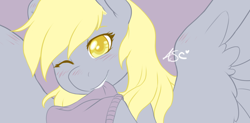 Size: 1280x632 | Tagged: safe, artist:mlpfwb, character:derpy hooves, species:pegasus, species:pony, blushing, bust, clothing, colored pupils, female, mare, one eye closed, smiling, solo, spread wings, sweater, wings