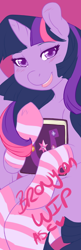 Size: 202x627 | Tagged: safe, artist:mlpfwb, character:twilight sparkle, character:twilight sparkle (alicorn), species:alicorn, species:pony, blushing, book, clothing, colored pupils, female, looking at you, mare, open mouth, smiling, socks, solo, striped socks, wip