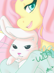 Size: 619x831 | Tagged: safe, artist:mlpfwb, character:angel bunny, character:fluttershy, species:pegasus, species:pony, blushing, clothing, colored pupils, cute, duo, female, frilly socks, looking at you, mare, open mouth, shyabetes, smiling, socks, wip