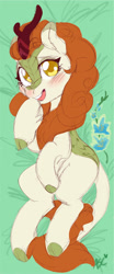 Size: 592x1428 | Tagged: safe, artist:mlpfwb, character:autumn blaze, species:kirin, episode:sounds of silence, g4, my little pony: friendship is magic, awwtumn blaze, blushing, body pillow, body pillow design, cloven hooves, colored pupils, colored sketch, cute, female, looking at you, lying down, open mouth, simple background, smiling, solo