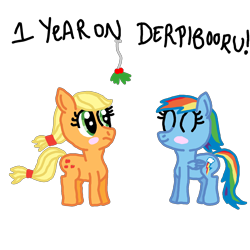 Size: 1600x1600 | Tagged: safe, artist:nightshadowmlp, character:applejack, character:rainbow dash, species:earth pony, species:pegasus, species:pony, ship:appledash, blushing, eyes closed, female, firealpaca, holly, holly mistaken for mistletoe, lesbian, one year anniversary, shipping, simple background, smiling, text, transparent background