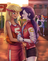 Size: 1200x1500 | Tagged: safe, artist:tcn1205, character:applejack, character:rainbow dash, character:rarity, character:twilight sparkle, character:twilight sparkle (scitwi), species:eqg human, ship:rarijack, my little pony:equestria girls, basketball, basketball court, converse, cute, eyes closed, female, humanized, jackabetes, lesbian, one eye closed, pony coloring, raribetes, shipping, shoes, sleeveless, sports, watch, water bottle