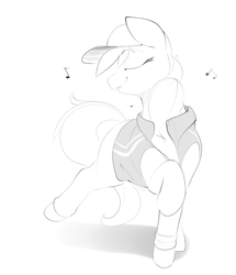 Size: 1280x1489 | Tagged: safe, artist:b-epon, character:azure velour, species:pony, clothing, eyes closed, hat, jacket, monochrome, music notes, sketch, solo, trotting