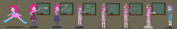 Size: 13936x2289 | Tagged: safe, artist:magerblutooth, character:maud pie, character:pinkamena diane pie, character:pinkie pie, my little pony:equestria girls, ball, barefoot, chalkboard, clothing, clothing transformation, confetti, crystal prep academy uniform, dirty, dust cloud, feet, fun, glasses, hair over eyes, math, mental shift, mouse, patches, personality change, rubik's cube, school uniform, show accurate, simple background, spider, stick, transformation, transformation sequence, vector