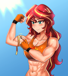 Size: 600x665 | Tagged: safe, artist:tzc, character:sunset shimmer, species:human, my little pony:equestria girls, abs, bicep, clothing, commission, female, flexing, humanized, measuring tape, muscles, muscular female, smiling, sports bra, sunset lifter