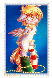 Size: 1988x3000 | Tagged: safe, artist:chaosangeldesu, character:derpy hooves, species:pegasus, species:pony, arm behind back, bipedal, blushing, christmas, christmas lights, clothing, cute, derpabetes, female, holiday, i just don't know what went wrong, mare, socks, solo, striped socks, tied up