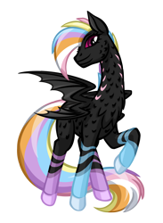 Size: 1460x2000 | Tagged: safe, artist:texasuberalles, oc, oc only, oc:tiberious, species:dracony, species:pony, 2019 community collab, derpibooru community collaboration, bat wings, colored hooves, female, four wings, hybrid, looking at you, rainbow hair, raised hoof, simple background, solo, transparent background, two mouths, wings