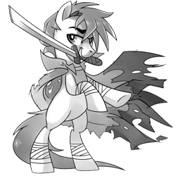 Size: 1024x1024 | Tagged: safe, artist:pepooni, oc, oc only, species:pony, bandage, bipedal, black and white, buck legacy, card art, cloak, clothing, grayscale, katana, looking at you, male, monochrome, raised eyebrow, rearing, simple background, solo, sword, tattered, transparent background, weapon