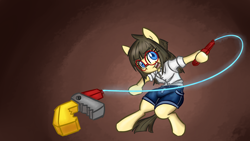 Size: 2732x1536 | Tagged: safe, artist:spheedc, oc, oc only, oc:sphee, species:earth pony, species:pony, bipedal, clothing, female, filly, glasses, glow, gradient background, mare, semi-anthro, solo, string, swing, swinging, whip, wrench