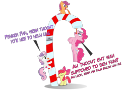 Size: 12252x8833 | Tagged: safe, artist:mrkat7214, character:apple bloom, character:pinkie pie, character:scootaloo, character:sweetie belle, species:pegasus, species:pony, absurd resolution, candy, candy cane, christmas, cutie mark crusaders, dialogue, food, holiday, silly, silly pony, simple background, tongue stuck to pole, transparent background, vector