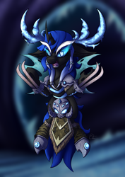 Size: 900x1273 | Tagged: safe, artist:cafecomponeis, oc, oc only, oc:blue visions, species:changeling, abstract background, armor, changeling oc, claws, commission, crossover, horn, horns, looking at you, malfurion, malfurion stormrage, malfurion the pestilent, solo, warcraft, wings, world of warcraft