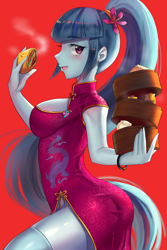Size: 800x1200 | Tagged: safe, artist:tzc, character:sonata dusk, equestria girls:rainbow rocks, g4, my little pony: equestria girls, my little pony:equestria girls, anime, baozi, breasts, busty sonata dusk, cheongsam, chinese dress, clothing, dumplings, eating, female, food, looking at you, needs more saturation, ponytail, red background, sexy, simple background, socks, solo, thigh highs
