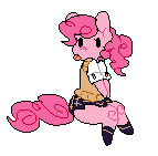 Size: 143x141 | Tagged: safe, artist:lumo, character:pinkie pie, species:anthro, species:earth pony, species:pony, species:unguligrade anthro, clothing, pixel art, simple background, sitting, transparent background
