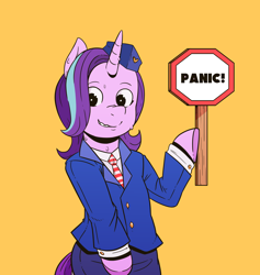Size: 1280x1352 | Tagged: safe, artist:raph13th, character:starlight glimmer, species:pony, species:unicorn, bipedal, clothing, colored hooves, dexterous hooves, female, grin, hat, hoof hold, magnetic hooves, mare, nervous, nervous grin, orange background, panic, simple background, smiling, solo, stop sign, sweat, tumblr 2018 nsfw purge, yellow background