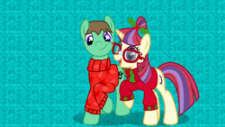 Size: 1920x1080 | Tagged: safe, artist:osipush, character:moondancer, oc, oc:ian, christmas, clothing, glasses, hearth's warming, holiday, sweater