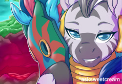 Size: 743x511 | Tagged: safe, artist:mlpfwb, character:zecora, female, grin, lidded eyes, mask, smiling, solo