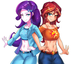 Size: 800x692 | Tagged: safe, artist:tzc, character:rarity, character:sunset shimmer, species:human, g4, my little pony: equestria girls, my little pony:equestria girls, anime, bare shoulders, barrette, belly button, belly shirt, belt, blushing, clothing, cutie mark on clothes, denim, duo, female, hairclip, hairpin, human coloration, humanized, jacket, jeans, midriff, off shoulder, one eye closed, pants, peace sign, short shirt, simple background, smiling, wink