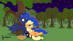 Size: 5692x3201 | Tagged: safe, artist:gutovi, character:applejack, character:princess luna, species:alicorn, species:earth pony, species:pony, ship:lunajack, apple tree, blushing, cute, female, lesbian, mare, romance, shipping, show accurate, tree