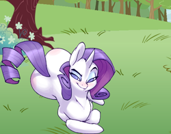 Size: 524x410 | Tagged: safe, artist:bigdad, edit, character:rarity, species:pony, species:unicorn, blushing, bush, butt blush, dreamworks face, female, flower, grass, looking at you, mare, outdoors, plot, rearity, smiling, smirk, solo, tree