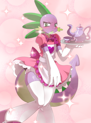Size: 1724x2346 | Tagged: safe, artist:ss2sonic, character:spike, species:anthro, species:dragon, blushing, clothing, crossdressing, dress, evening gloves, gloves, long gloves, looking at you, lusty baby dragon maid, maid, maid spike, male, sissy, solo, sweat, wide hips